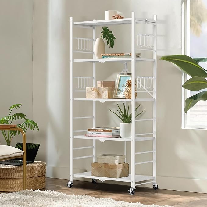 Himix Storage Shelves with 20 Hooks, 5-Tier Foldable Shelves for Storage, Collapsible Organization Rack Bookshelf 440 Ibs for Kitchen Garage Home Room, White - No Assembly - Image 2