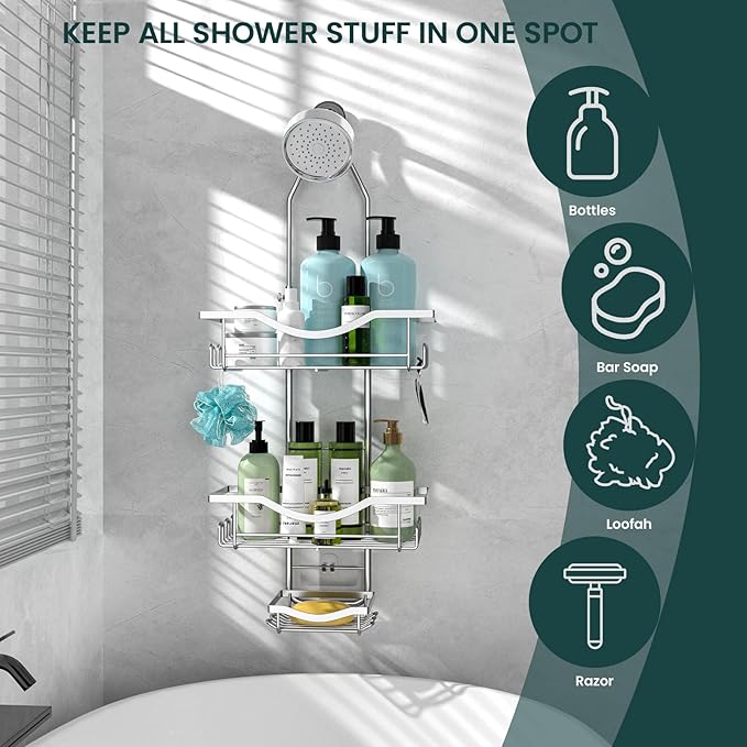 Shower Caddy Hanging Adjustable Shower Caddy, Rustproof Shower Organizer Extended Length Showers Caddy Over Shower Head with Hooks Soap Holder, Large Capacity Anti-Swing Bathroom Organizer, Silver - Image 7