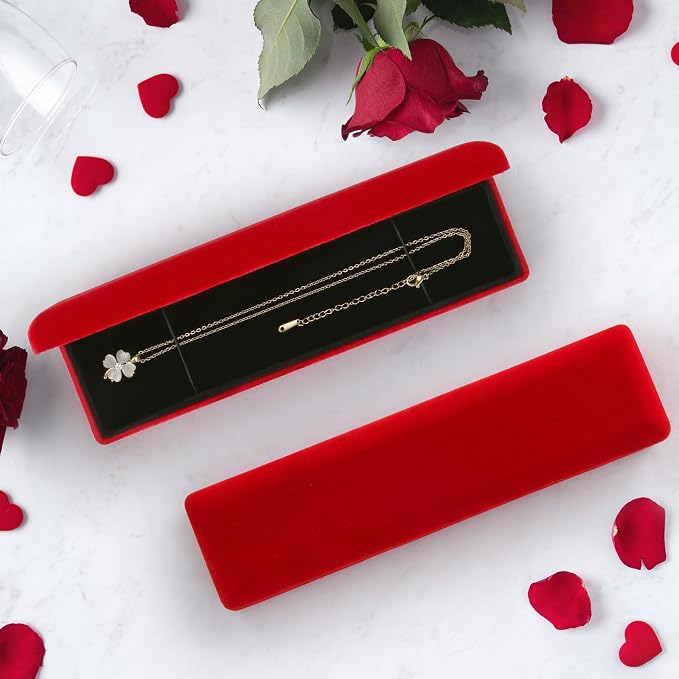 KUKUVR 2 Pieces Metal Velvet Necklace Bracelet Gift Box, Soft Lining Bracelet Pendant Long Chain Organizer Holder Display Case for Wedding Engagement Birthday Anniversary (Red) - Image 6