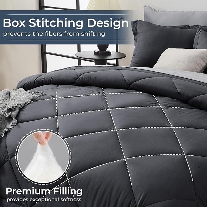 HEVUMYI Twin-XL Comforter Set - 5-Piece All Season Bed in a Bag Twin-XL, Ultra Soft Bedding Set with Comforter, Flat Sheet, Fitted Sheet, Pillowcases, Pillow Shams, Dark Grey & Light Grey