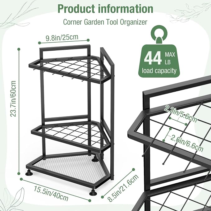 Garden Tool Organizer for Corner,Metal Yard Tool Organizer for Long-Handled Tools/Rakes/Brooms,Side Garden Pocket,Heavy Duty Steel Yard Tool Storage Rack for Garage,Shed, Outdoor - Image 2