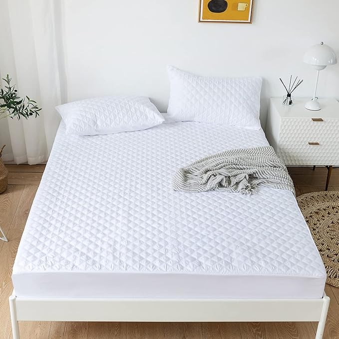 jejeloiu White Quilted Mattress Pad, 100% Waterproof Breathable Queen Bedding Fitted Sheet Mattress Protector 14" Deep Pocket Cotton Snow Down Alternative Filling Mattress Cover (Queen,White)