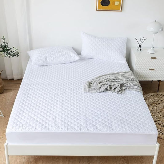 jejeloiu White Quilted Mattress Pad, 100% Waterproof Breathable King Bedding Fitted Sheet Mattress Protector 14" Deep Pocket Cotton Snow Down Alternative Filling Mattress Cover (King,White)