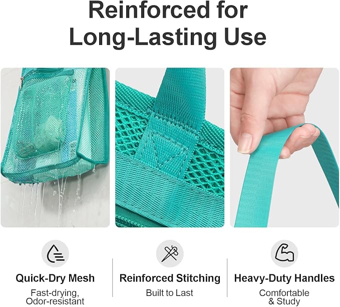 F-color Mesh Shower Caddy Portable Hanging - 3 Pockets Small Shower Bag Tote for Camping, Gym, Travel, Toiletry, Quick Dry Bathroom Essentials with S Hook, Mint Green - Image 4