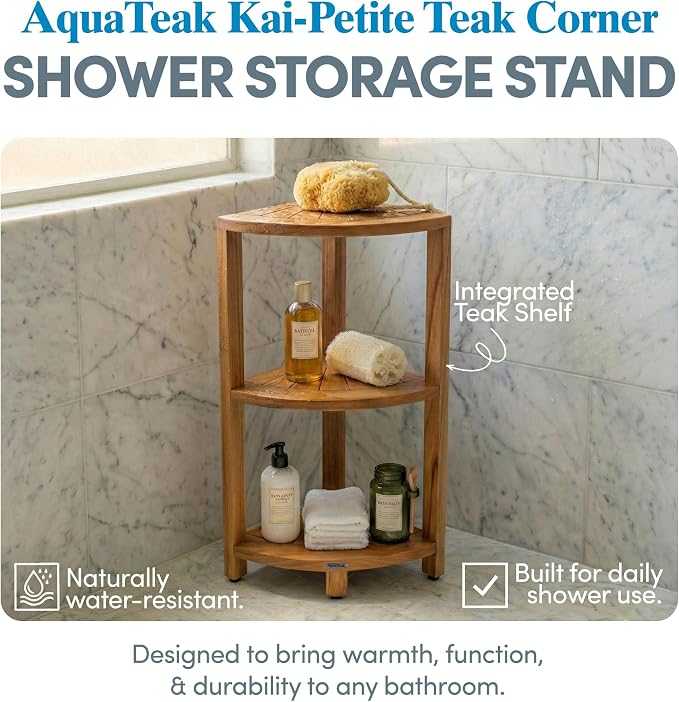 AquaTeak 12" Kai-Petite Teak Corner Shelf Stand - Shower Stand with 3 Tier Shelf for Bathroom - Durable Water Resistant Shower Organizer - Space-Saving Storage Shelves with Anti-Slip Feet - Image 2