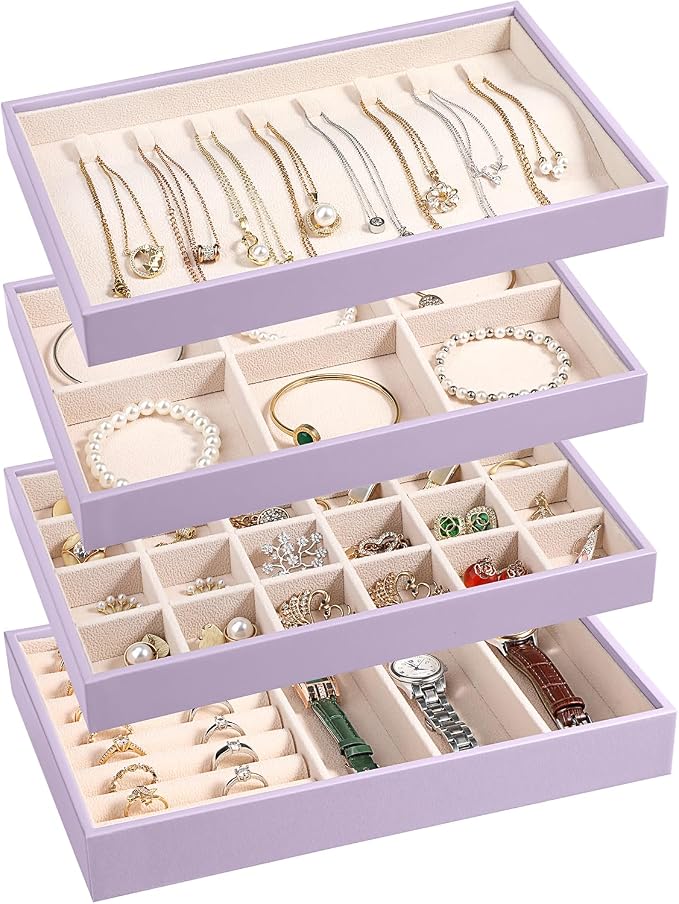 LANDICI Stackable Jewelry Organizer Trays 4 Set,PU Leather Jewelry Organizer Drawer,Jewelry Storage Display Tray for Earring Necklace Rings Bracelet with Removable Dividers,Lavender by LANDICI