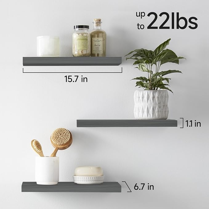 BAYKA Grey Floating Shelves for Wall, Set of 3, Wall Mounted Rustic Wood Shelves for Bathroom, Bedroom, Living Room, Kitchen, Small Hanging Shelf for Books/Storage/Room Decor, 15.7in - Image 3