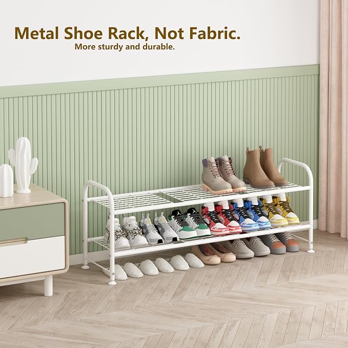 LINZINAR Shoe Rack Long 2 Tier Shoe Storage Organizer Metal Wide Shoe Shelf for Closet Entryway Bedroom 18 Paris Large Capacity, White - Image 5