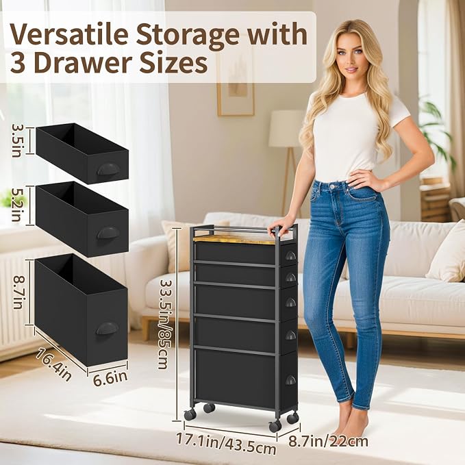 LASZOLA 5 Drawer Narrow Dresser Slim Cabinet Skinny Storage Tower Chest, Ideal for Small Spaces Bathroom, Between Washer and Dryer, Lightweight Mobile on Wheels, Sturdy Fabric Drawers, Black - Image 2