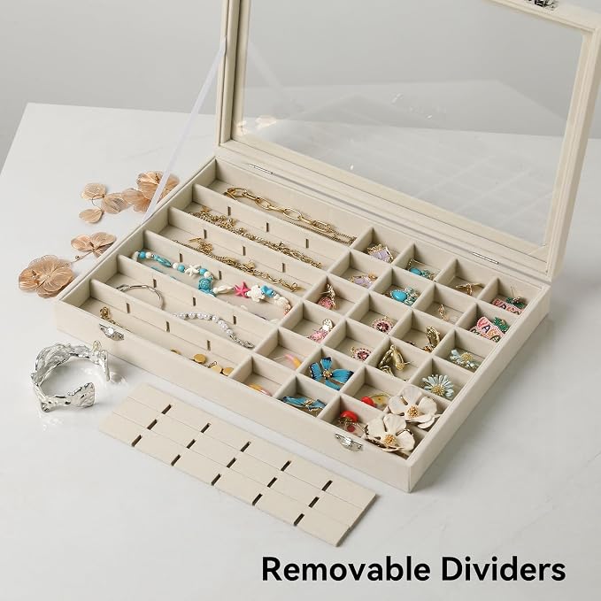 Frebeauty 48 Grid Jewelry Tray,Adjustable Earring Holder Organizer with Glass Lid,Velvet Drawer Jewelry Organizer for Rings,Studs,13.8 x 9.5 x 2 Inches Jewelry Display Box,Gift for Women(Beige) - Image 6