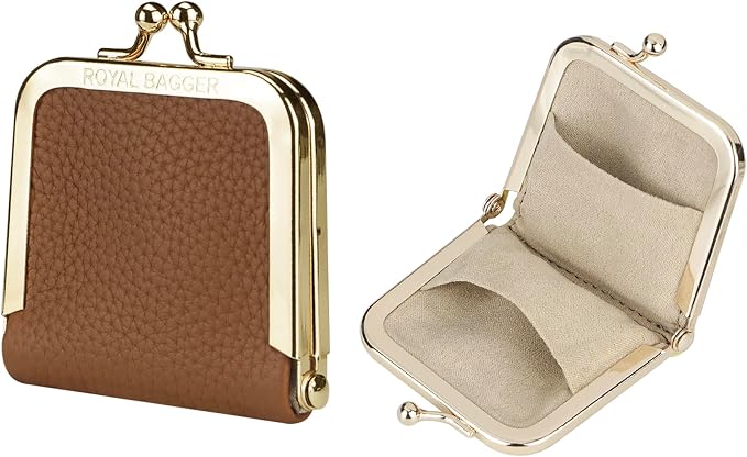 Royal Bagger Genuine Cow Leather Ultra-Slim Mini Jewelry Box, Ring & Necklace Storage, Slim Coin Purse with Kiss Lock for Women 3120 (Brown) by ROYALBAGGER