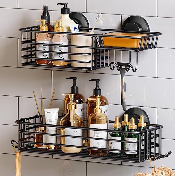 TAILI Shower Caddy Suction Cup 2 Pack with Hooks & Soap holder, Heavy Duty Shower Organizer for Bathroom, No Drilling Bathroom Organizer with Large Capacity, Black Metal Storage Basket by TAILI