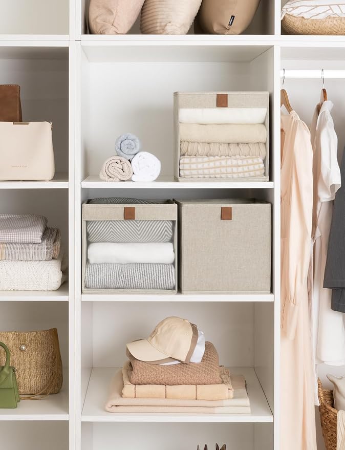 StorageWorks 11x11 Storage Cubes, Closet Storage Bins with Clear Window, Fabric Organizer for Clothes, Collapsible Storage Baskets with PU Handles, Brown and Beige, 3-Pack - Image 5