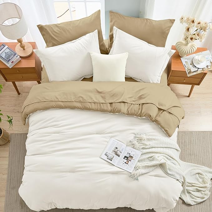 MUXHOMO 7 Pieces Full Comforter Set, Soft Bed in a Bag Full Size, All Season Bedding Set with Comforter, Flat Sheet, Fitted Sheet, Pillowcases & Shams, Ivory & Khaki