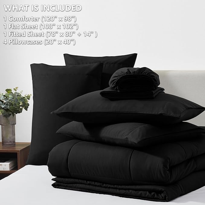 CozyLux Oversized King Comforter Sets Black, 7 Pieces Bed in a Bag, Ultra-Soft All Season Bedding Sets with Stitch Quilted Comforter, Flat Sheet, Fitted Sheet, Pillowcases