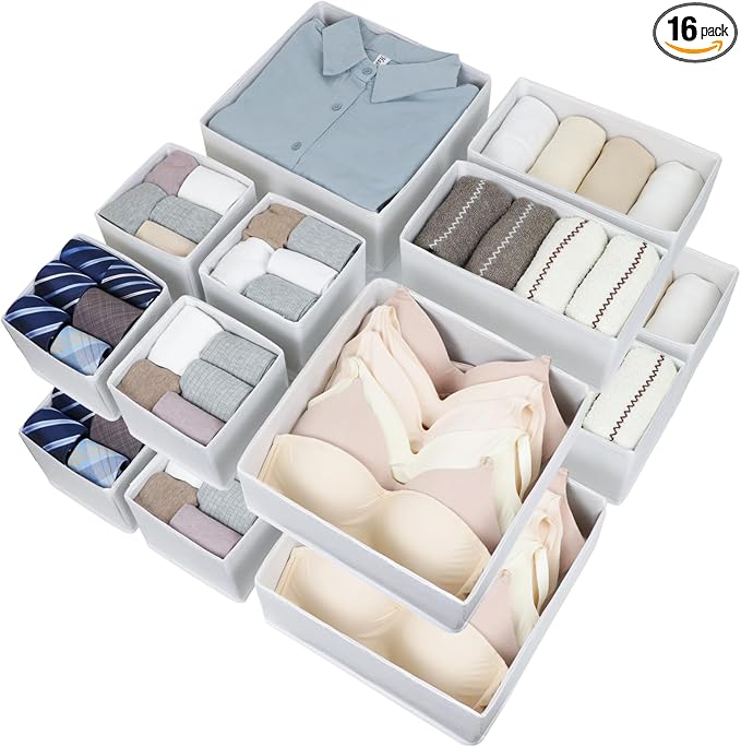 Fordonral 16 Pack Drawer Organizer Clothes, Foldable Fabric Dresser Organizer Closet Organizers and Storage Box for Underwear,Folded Clothes,Baby Clothing,Socks,Bra,Towels,Ties(White) by Fordonral