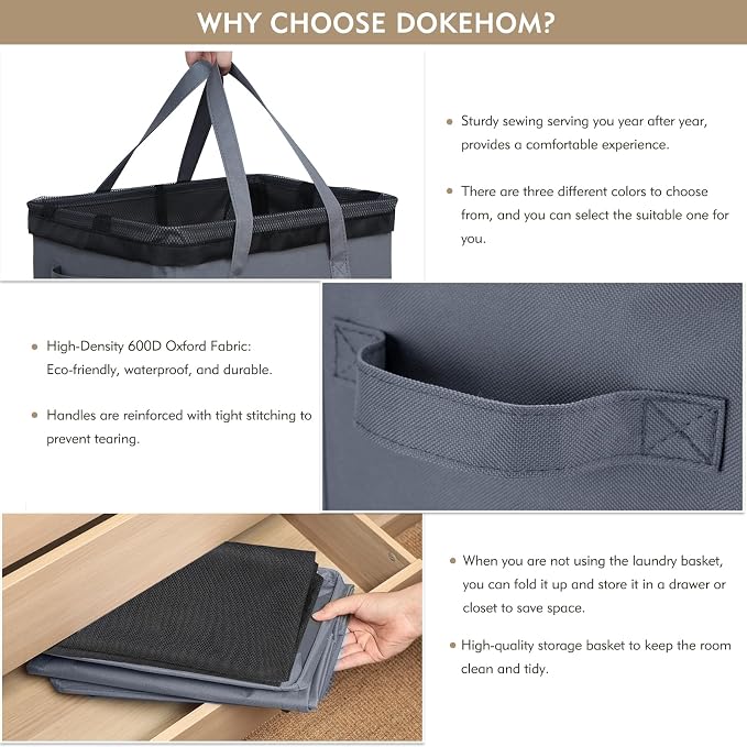 DOKEHOM 90L X-Large Laundry Basket with Removable Wash Bag on Wheels, Collapsible Rolling Laundry Hamper, Foldable Clothes Organizer, Folding Washing Bin (Grey) - Image 4