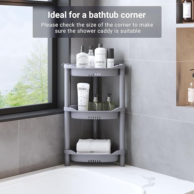 ELYKEN 3 Tier Shower Caddy Organizer Shelf Corner, 14.4 x 11.2 x 22.4 Inches, Rustproof, Plastic Shower Rack Stands for Inside Bathroom, Bathtub, Shower pan, Grey - Image 6