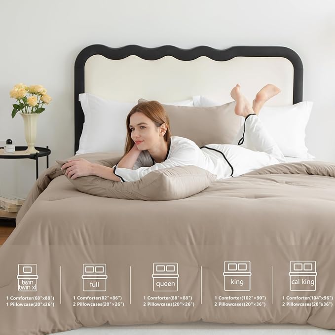 CozyLux King Size Comforter Set Khaki, 3 Pieces Solid Comforters King Size Breathable Quilted Bedding Sets, Luxury Soft Lightweight Bed Set with Down Alternative Comforter and 2 Pillowcases All Season