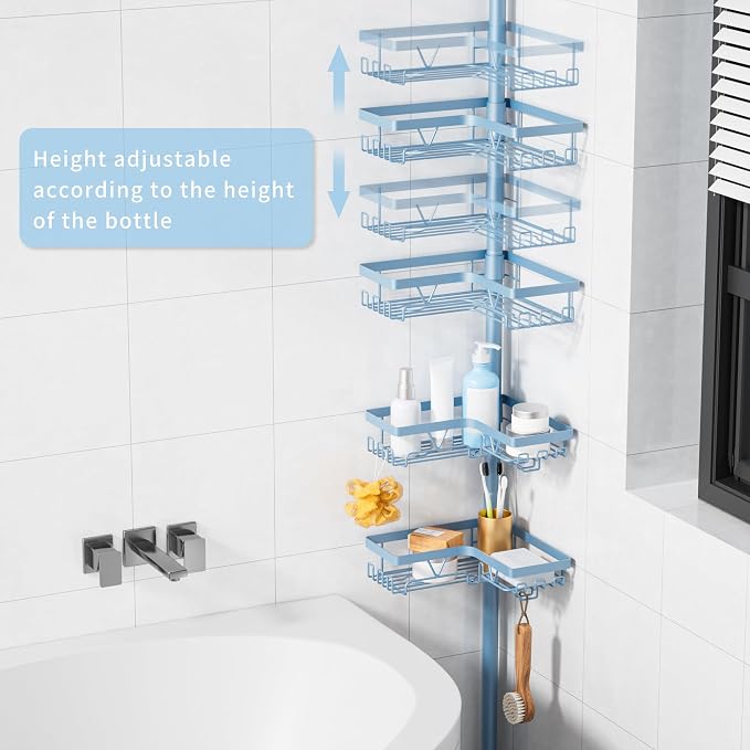 KEGII Shower Caddy Tension Pole, 4-Tier Rustproof Adjustable Corner Bathroom Organizer for Renters, 25–114.2 Inch No Drill Space-Saving Shower Storage Rack, Blue - Image 2