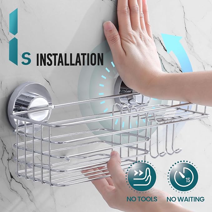 TAILI Shower Caddy Suction Cup 2 Pack with Hooks and Soap Holder, Heavy Duty Shower Organizer for Bathroom, No Drilling Silver Bathroom Suction Shelves-Silver - Image 2