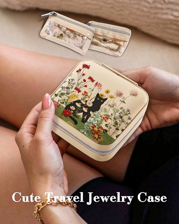 Bistup Travel Jewelry Case - Small Jewelry Organizers and Storage Box for Women Girls Teens Cute Traveling Jewelry Holder with Mirror Little Tiny Compact Modern Unique Aesthetic Pretty, Cat Flower - Image 3