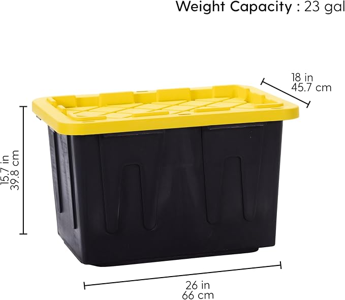 Plastic 23-Gallon Storage Tote with Lockable Lid, Stackable Tough Regular-Duty Bin for Garage, Tools, and Home Organization (2-Pack) - Black and Yellow - Image 2