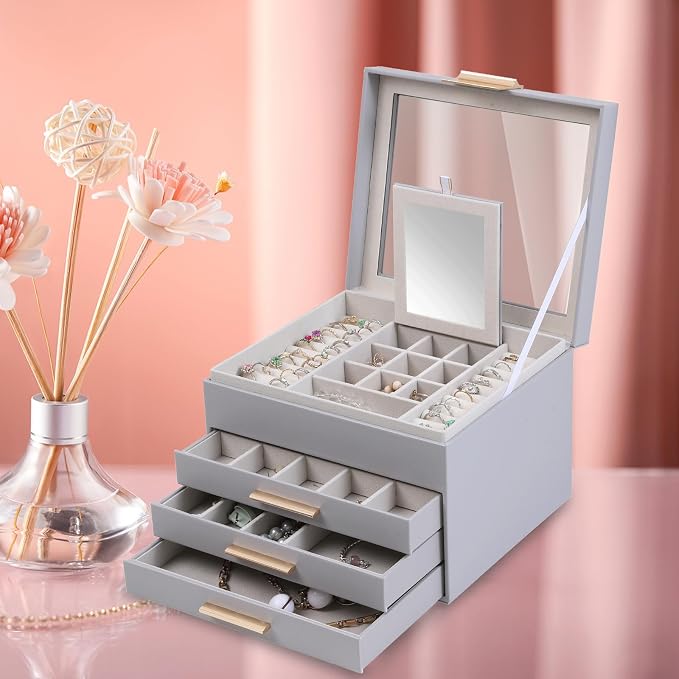 BOOVO Clear Lid Jewelry Box,4 Layers Jewelry Organizer Large Jewelry Storage Box with 3 Drawers,Jewelry Holder Organzier of Rings Earrings Necklace Bracelets for Women (Grey, 4 Layer) - Image 6