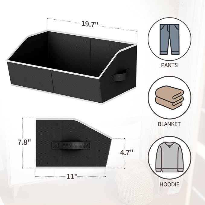 Homsorout Storage Bins for Shelves - Large Trapezoid Closet Shelf Organizer, Fabric Organization Bins with Handles, Storage Baskets for Clothes, Towel, Blanket, 4 Pack, Black - Image 5