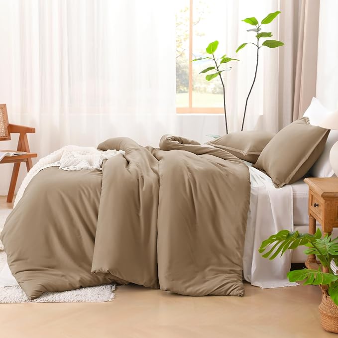Litanika California King Size Taupe Comforter Set, 3 Pieces Cal King Solid Bedding Comforter Set, All Season Fluffy Bed Set (104x96In Comforter & 2 Pillowcases)