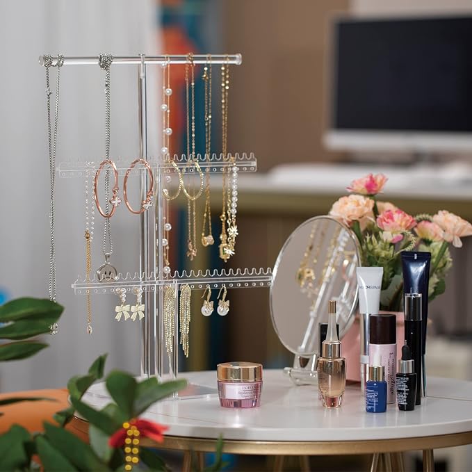 lengnoyp Premium Jewelry Stand, Earring Holder, Necklace Holder Stand, Clear 3-Tier Acrylic Large Storage Jewelry Organizer Stand & Bracelet/Bangles Stand, 48 Earring Holes Display Stands - Image 2