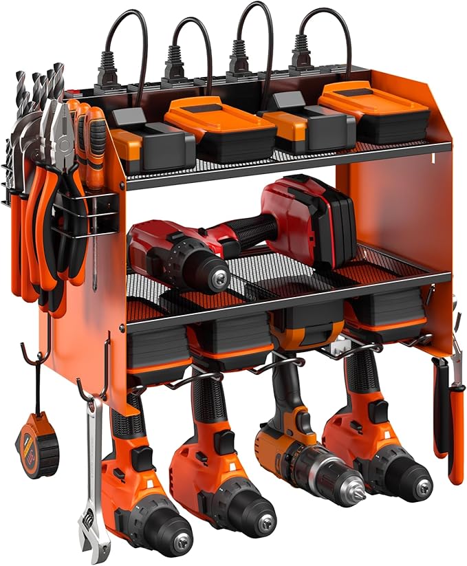 CCCEI Modular Power Tool Organizer Wall Mount with Charging Station. Garage Drill Storage Shelf with Hooks, Heavy Duty Rack, Tool Battery Holder Built in 8 Outlet. Gift for Men. Orange, 1 Pack. by CCCEI