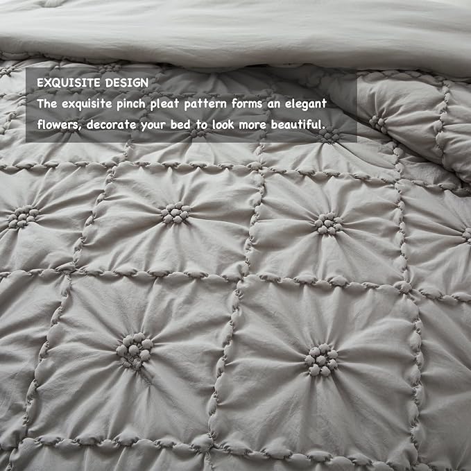 BEDAZZLED King Size Comforter Sets, Grey Bedding Comforter Set, 3 Pieces Pinch Pleat Bedding Sets with Comforter and Pillowcases Soft Farmhouse Shabby Chic Comforter for All Season