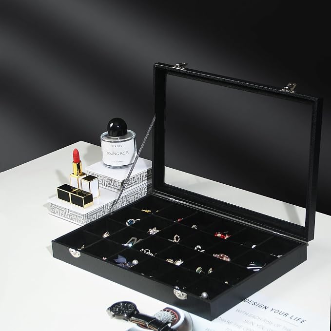 Coward Jewelry Organizer Box, Black Velvet 24 Grids Ring Earring Jewelry Display Tray Case with Transparent Glass Lid for Home Drawer or Shop Selling - Image 3