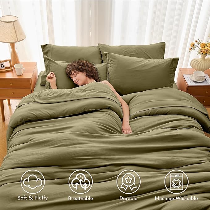 MUXHOMO 7 Pieces King Comforter Set, Soft Bed in a Bag King Size, All Season Bedding Set with Comforter, Flat Sheet, Fitted Sheet, Pillowcases & Shams, Olive Green