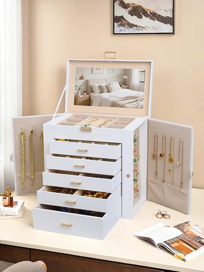 BOOVO Jewelry Box For women, 6 Layer Large Jewelry Organizer With Mirror, Multi-Function Storage Box With Lock, Necklace Holder With 5 Drawers, For Earrings Necklace Bracelet (White and Gold) - Image 7
