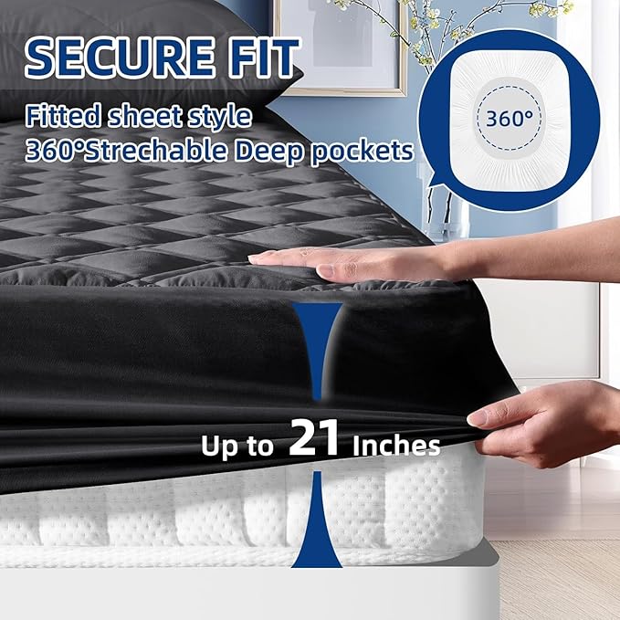 Waterproof Full Mattress Protector, Breathable Full Mattress Pad Cover Fitted Deep Pocket 8"-21", Soft Noiseless Mattress Cover Washable Padded for Home Bedroom, Black
