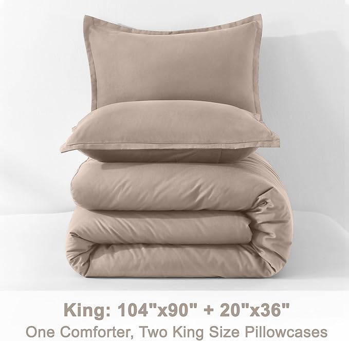 Litanika Light Coffee Comforter King Size, 3 Pieces Lightweight Solid Bedding Comforter Set, All Season Fluffy Bed Set