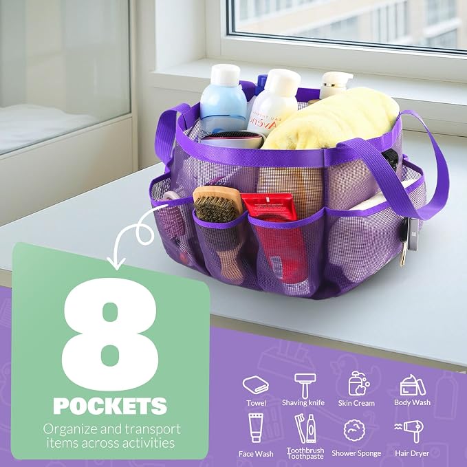 LOYEE Mesh Shower Caddy Portable for College Dorm Room Essentials with 8 Pockets, Shower Bag for Beach, Swimming, Gym, Travel, Bathroom(All purple) - Image 3