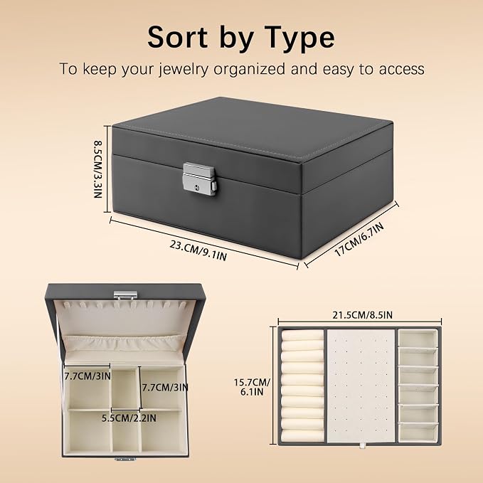 Homeanda Jewelry box 2 layer Jewelry box Leather Jewelry boxes for Women Girls Teens Jewelry organizer box Jewelry Storage box with lock(Black) - Image 3