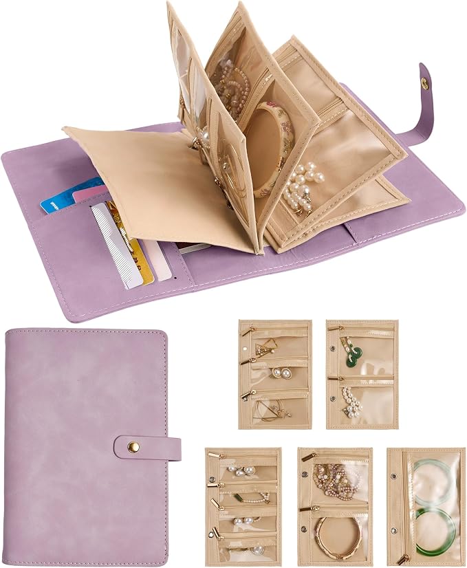 Travel Jewelry Binder Organizer Storage Book - Jewelry Boxes PU Leather Organizer Case with Zipper Velvet Pouches for Women Gifts - Pale Lilac by SEVENBEES