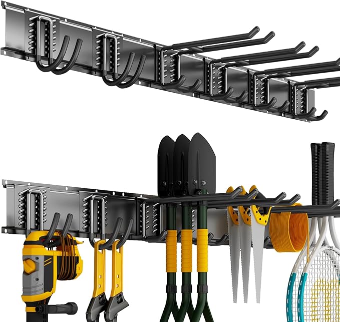 Garage Wall Organizer Wall Mount, 48inch Heavy Duty Garden Tool organizer Storage System, Easy Install With 6 Adjustable Hooks, For Garage, Basement, Shed, Workshop(Black) by CRXCRC