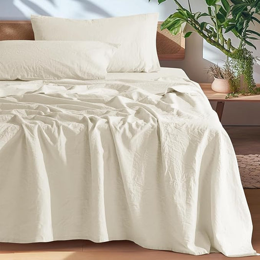 SONORO KATE 100% French Pure Linen Sheets, Breathable and Durable Line Sheets, Anti-Tear Line Bed Sheets, Machine Washable, 16 Inch Deep Pocket - 4 Piece (Cream, California King)