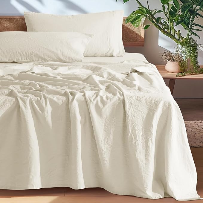 SONORO KATE 100% French Pure Linen Sheets, Breathable and Durable Line Twin XL Size Sheets, Anti-Tear Line Bed Sheets, Machine Washable, 16 Inch Deep Pocket - 3 Piece (Cream, Twin XL)