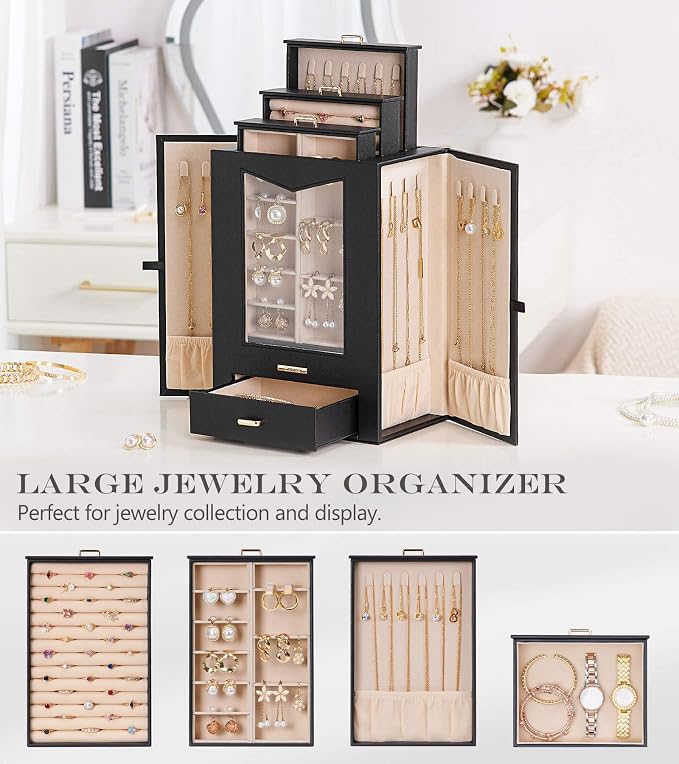 Homde Jewelry Organizer with Transparent Window Necklace Hooks Gift for Women Jewelry Box Display Case for Necklaces Rings Earrings Bracelets and Other Jewelry Accessories (Black + Gold) - Image 5