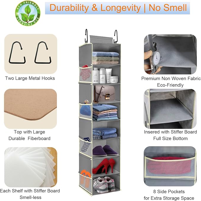 2 Pack Large-Sized Hanging Shoe Organizer 8-Shelf, Hanging Closet Organizer with 8 Side Pockets, Wider Hanging Shelves for Storage Shoes Clothes 9" W × 11.8" D× 48" H, Grey. - Image 5