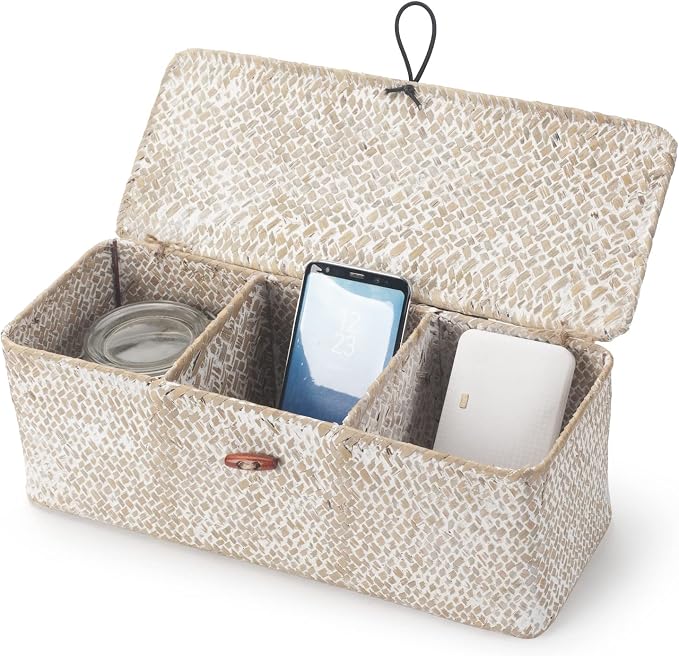 Seagrass Storage Basket with Lid Rectangular Small Woven Shelf Baskets with Sections for Organize Snack Toys Whitewash - Image 3