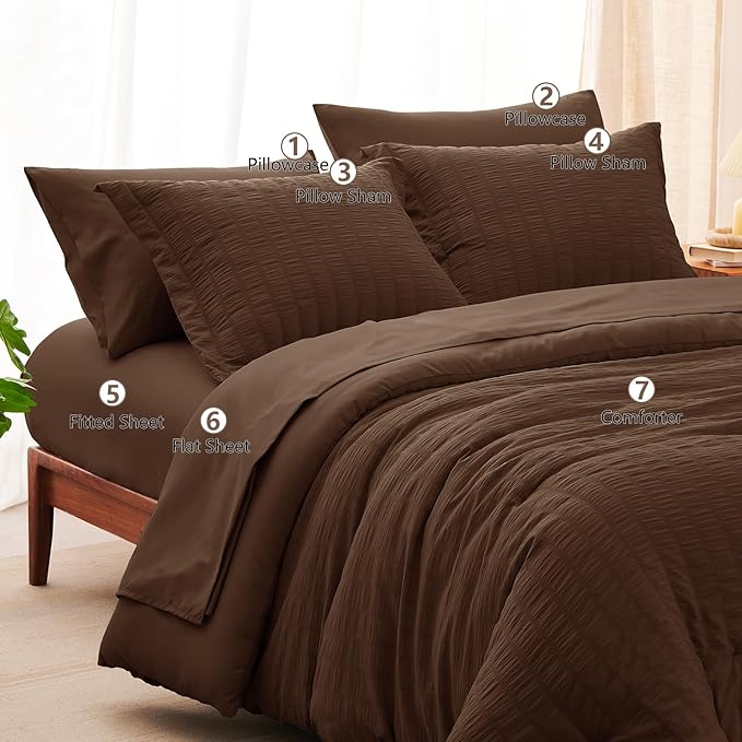 CozyLux Oversized King Comforter Set Brown Seersucker 7 Pieces 120x98 Bed in a Bag Comforter Set with Sheets, Luxury Soft Bedding Sets with Down Alternative Comforter, Sheets, Pillowcases & Shams