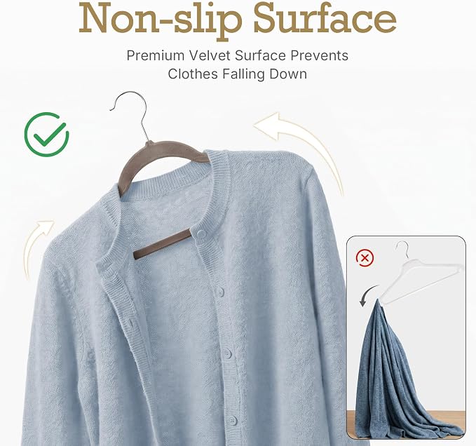HOUSE DAY Taupe Velvet Hangers 60 Pack, Non Slip Clothes Felt Hanger Heavy Duty for Coat, Premium Slim Space Saving Suit Hangers for Closet Organizer, 360° Rotating Silver Hook - Image 2