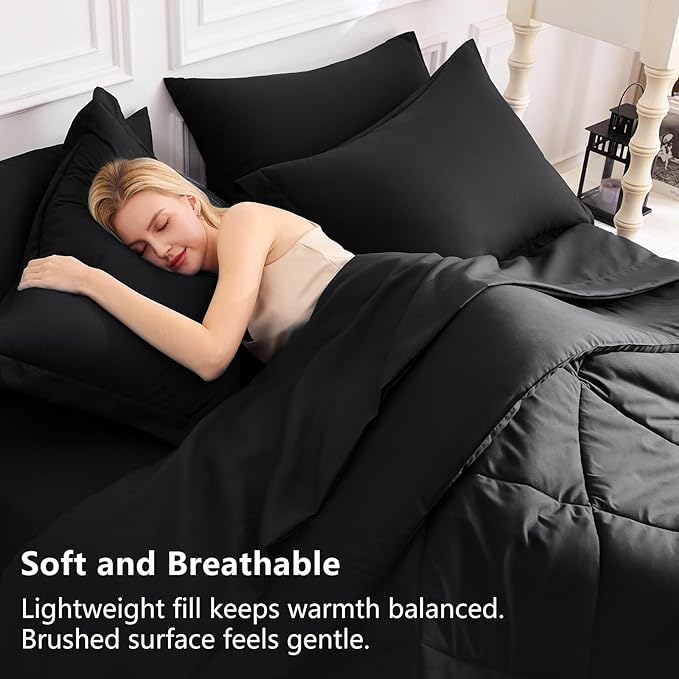 CozyLux Full Size Comforter Sets Black - 7 Pieces Bed in a Bag Full, Luxury Soft Bed Set for All Seasons, Bedding Set with Down Alternative Comforter, Sheets, Pillowcases & Shams